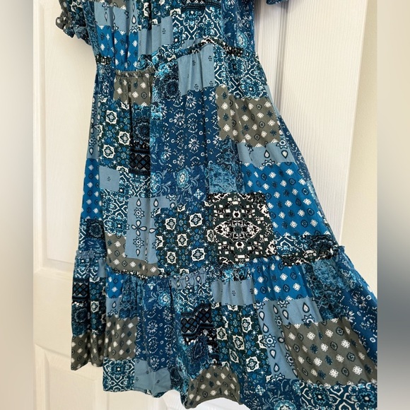 Rewind Paisley Babydoll Mini Dress Size M Teal Navy Cowgirl Western Boho Easter - Picture 4 of 8